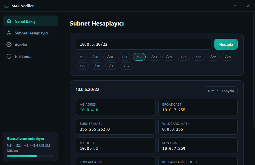 Subnet calculator — 10.0.5.20/22 example